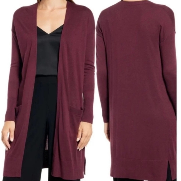 Halogen Women's Long Line Open Cardigan Burgundy  Sz. Medium With Pockets - Picture 1 of 8